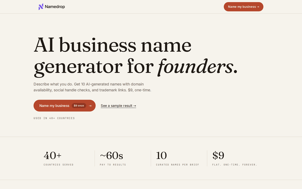 Namedrop — AI business name generator interface showing name results and pricing
