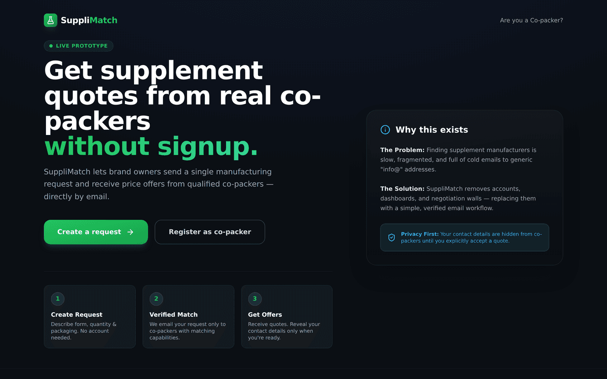 SuppliMatch — B2B platform showing supplement brand and manufacturer matching interface