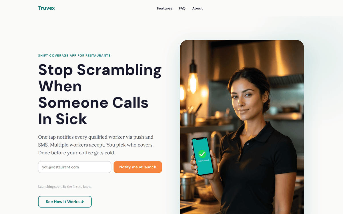 Truvex — restaurant shift coverage mobile app showing callout and dispatch screens